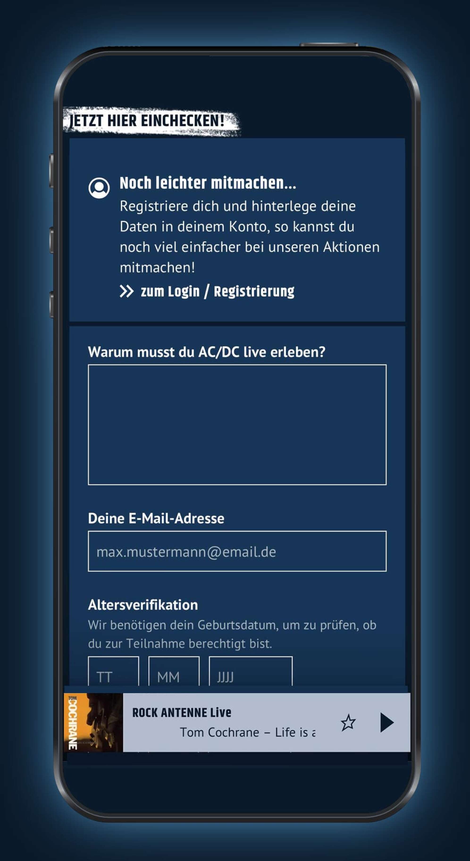 Screenshot der ROCK ANTENNE App auf der Aktuelles-Seite mit dem Teilnahme-Formular des Mega Konzerte März