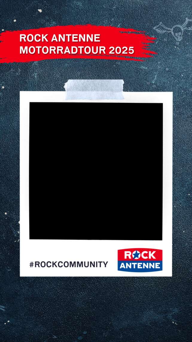 Fotorahmen für die ROCK ANTENNE Motorradtour 2025, ein leerer Polaroid-Rahmen mittig im Bild