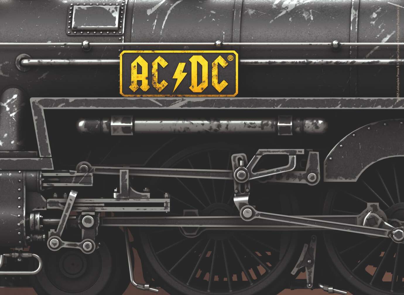 Produktfoto der AC/DC Modelleisenbahn-Sonderedition von Märklin, Nahaufnahme der Lok mit AC/DC Schriftzug