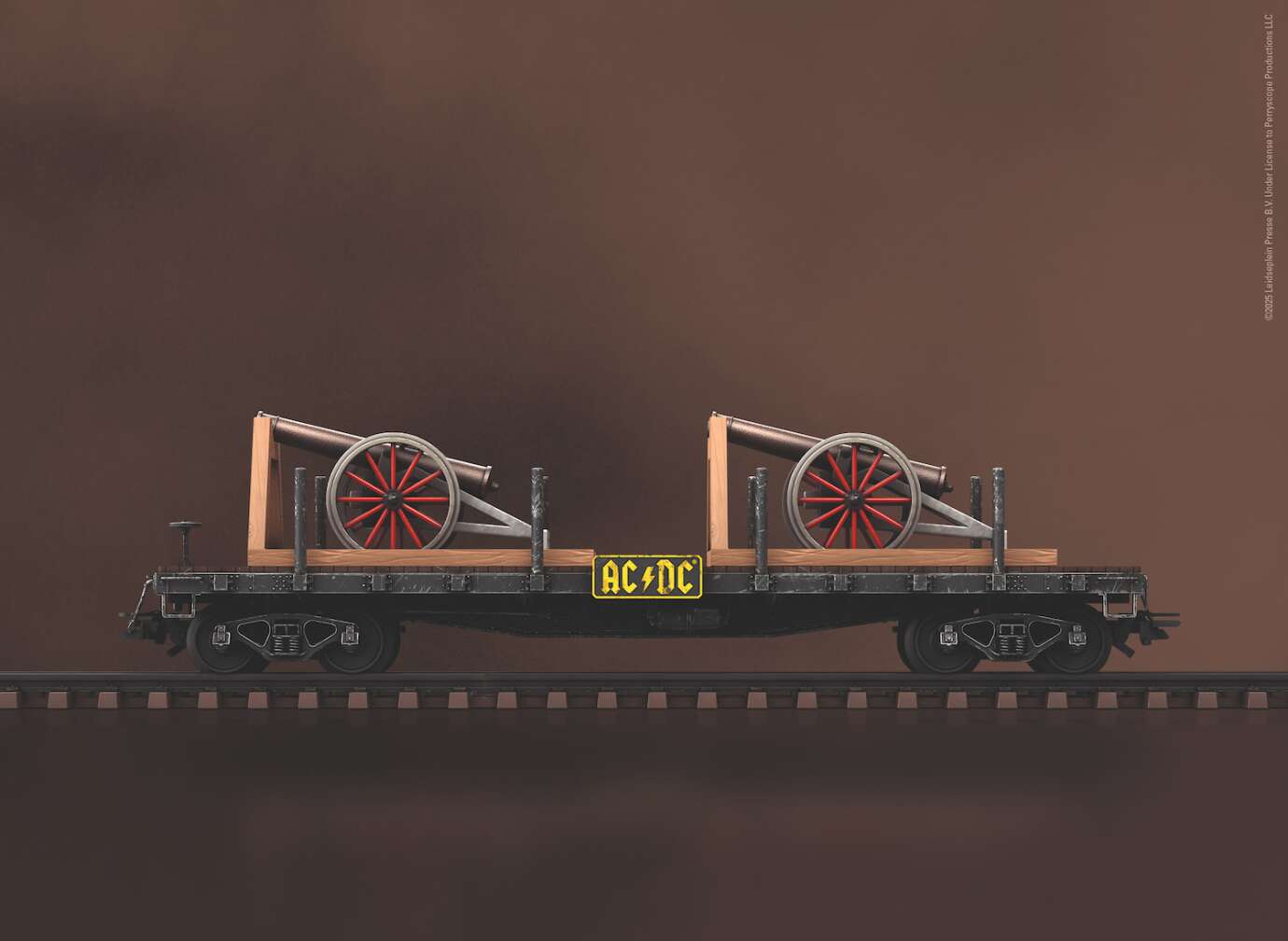 Produktfoto der AC/DC Modelleisenbahn-Sonderedition von Märklin, Foto des Waggons "For Those About to Rock" mit zwei Kanonen