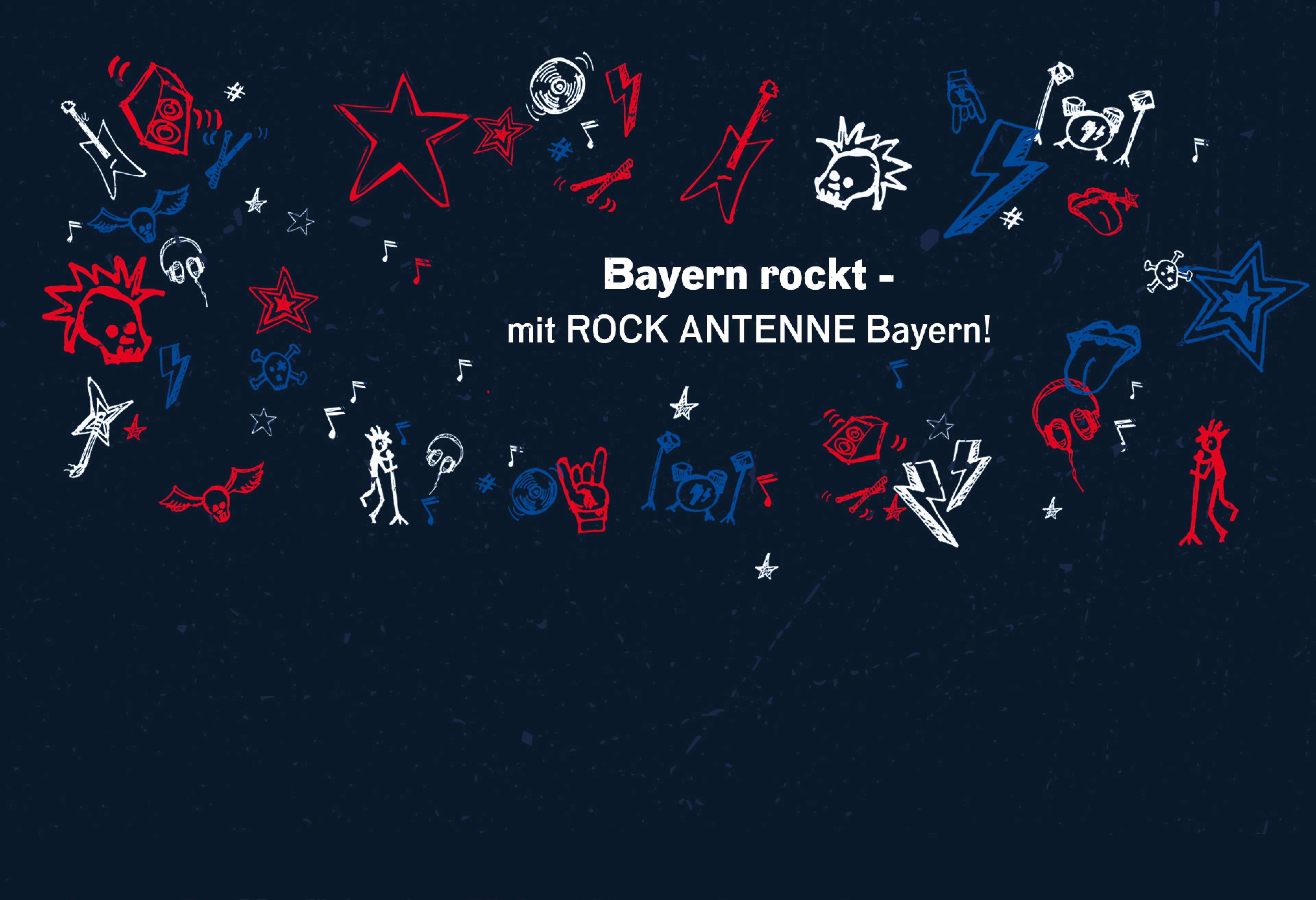 Verschiedene Rock-Scribbles (z.B. Sterne, Noten, Gitarren, Pommesgabel) mit dem Text "Bayern rockt mit ROCK ANTENNE Bayern"
