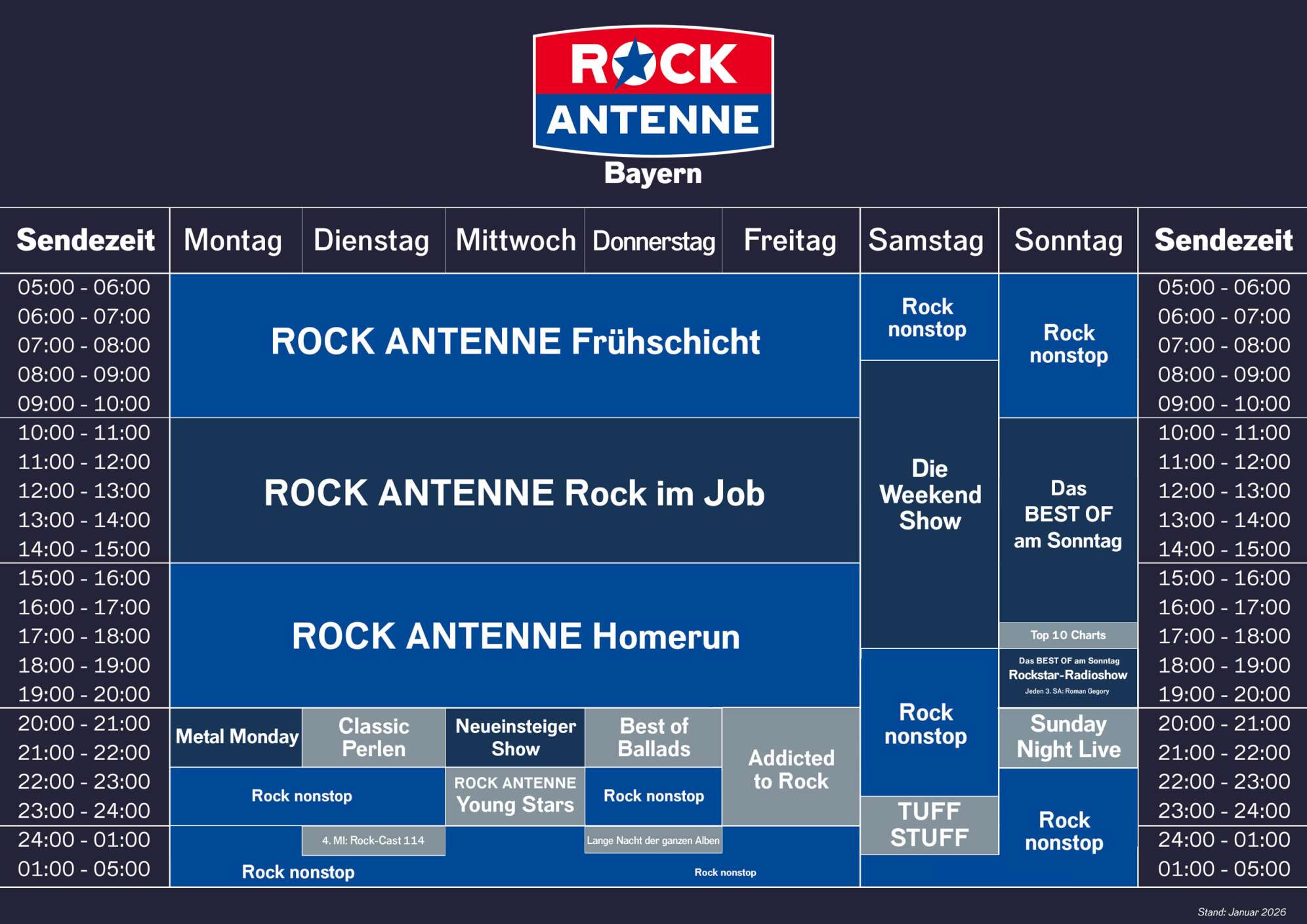 Das Sendeschema Stand Januar 2026