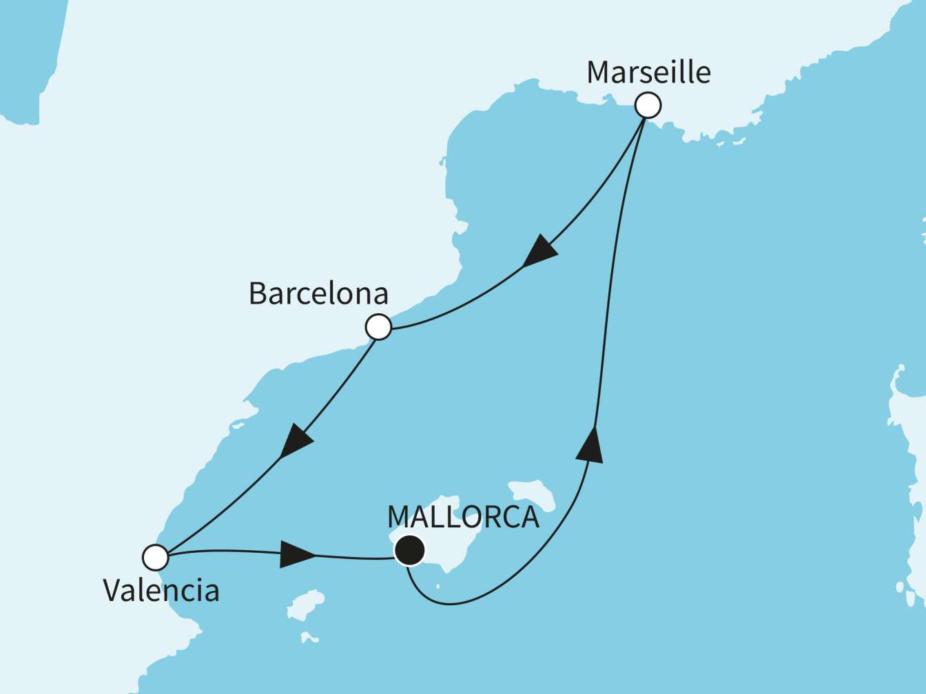 Routenplan der 2. Wildcat Tattoo Cruise von 01. bis 06. Mai 2026 von Palma de Mallorca über Marseille, Barcelona, Valencia und zurück nach Palma