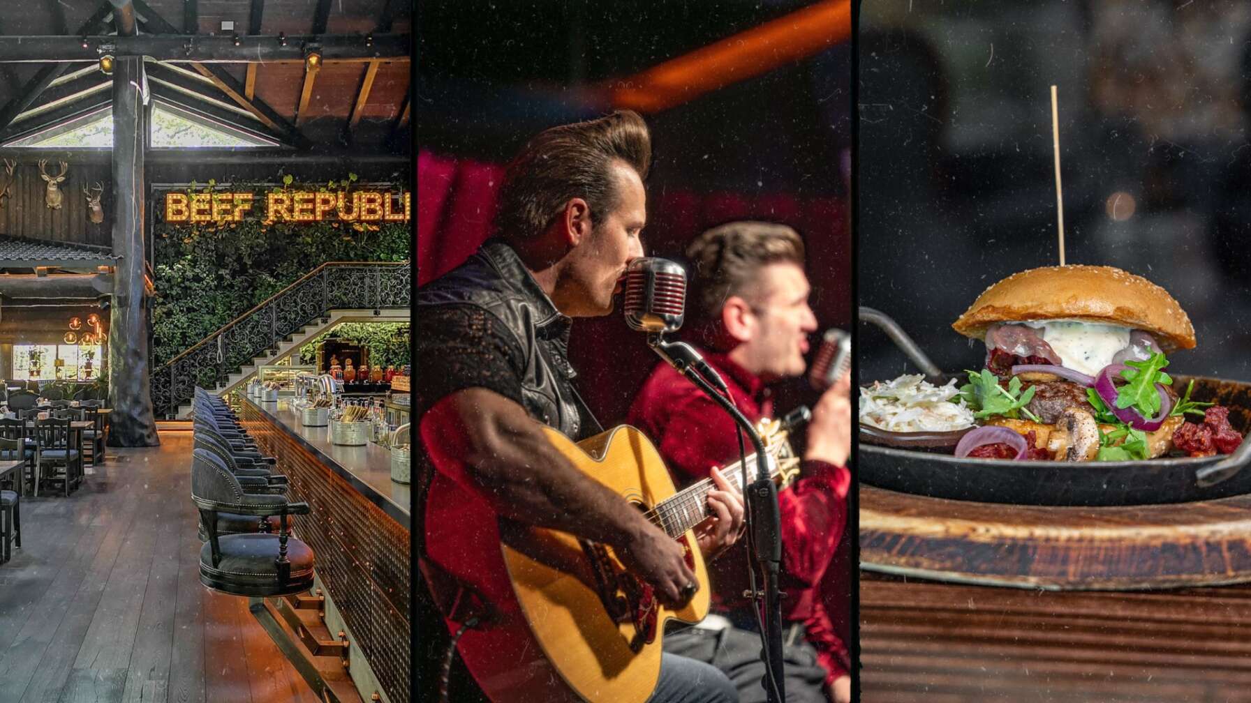 Fotocollage aus einer Innenansicht eines Timberjacks Restaurants, eines Auftritts von The Baseballs bei einem Timberjacks Unplugged Konzert und einem Timberjacks Truffle Beef Burger