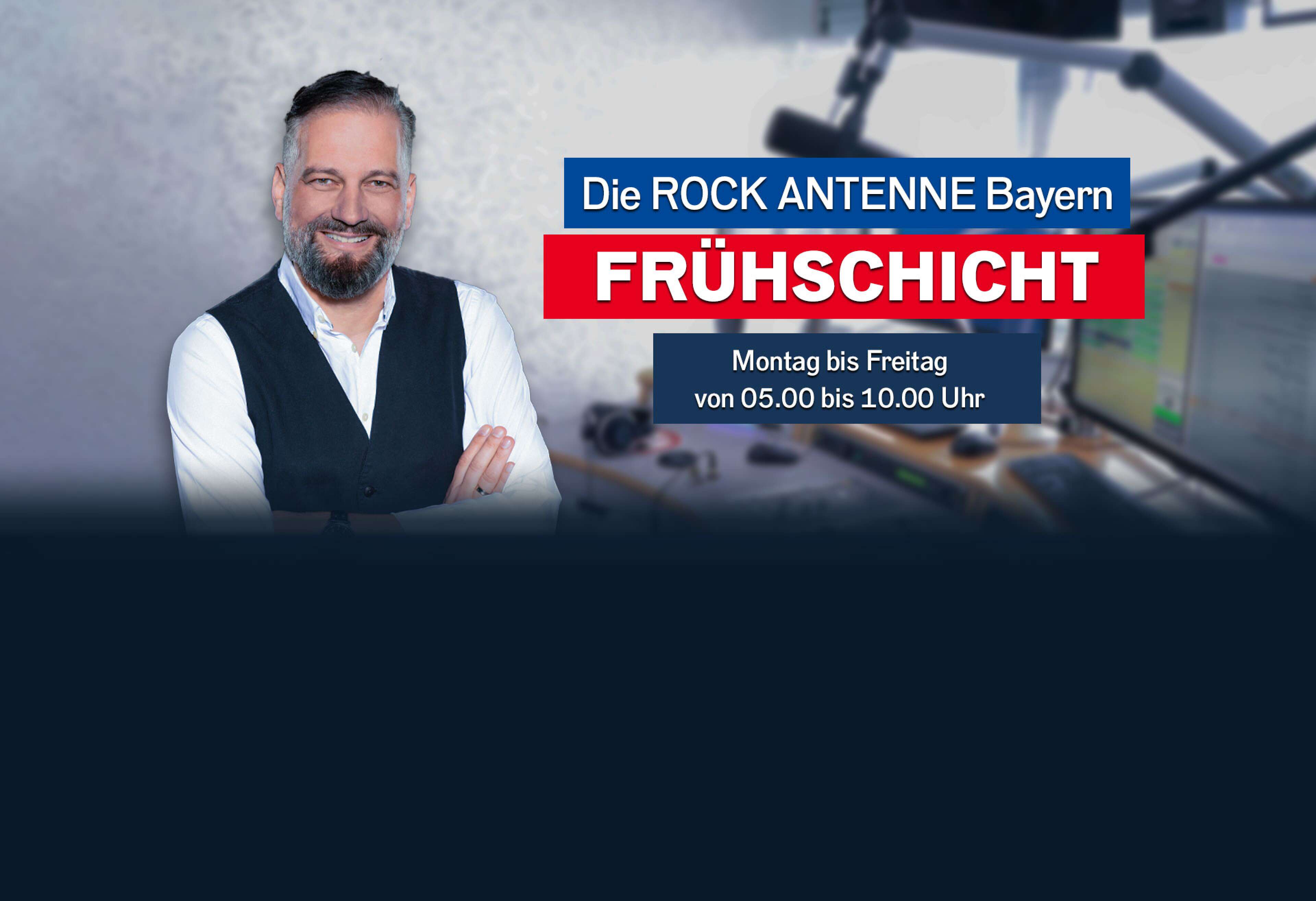Barny Barnsteiner mit der Aufschrift "Die ROCK ANTENNE Bayern Frühschicht - Montag bis Freitag von 05.00 bis 10.00 Uhr""
