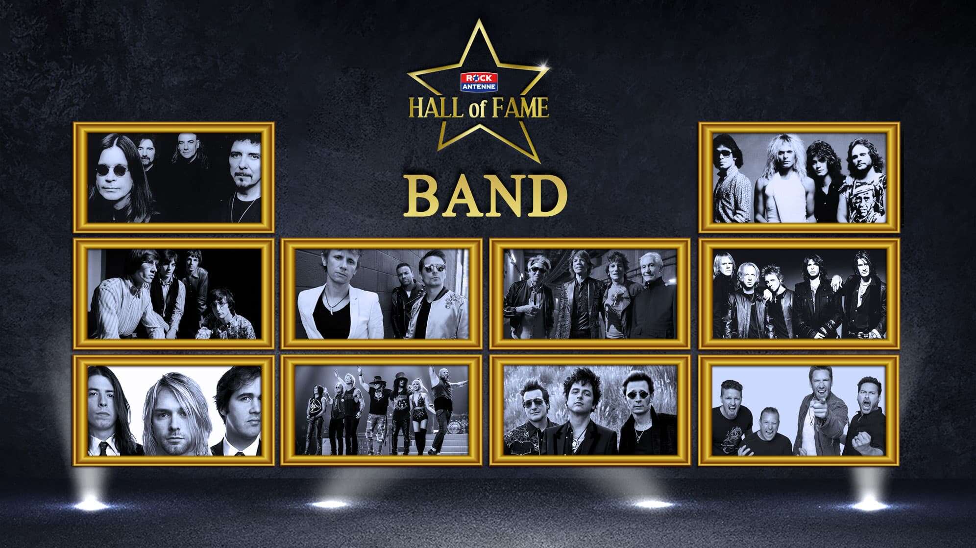 Die Nominierten der ROCK ANTENNE Hall of Fame Class of 2023 in der Kategorie Band: Black Sabbath, Pink Floyd, Nirvana, Muse, Guns N Roses, The Rolling Stones, Green Day, Van Halen, Aerosmith, Nickelback