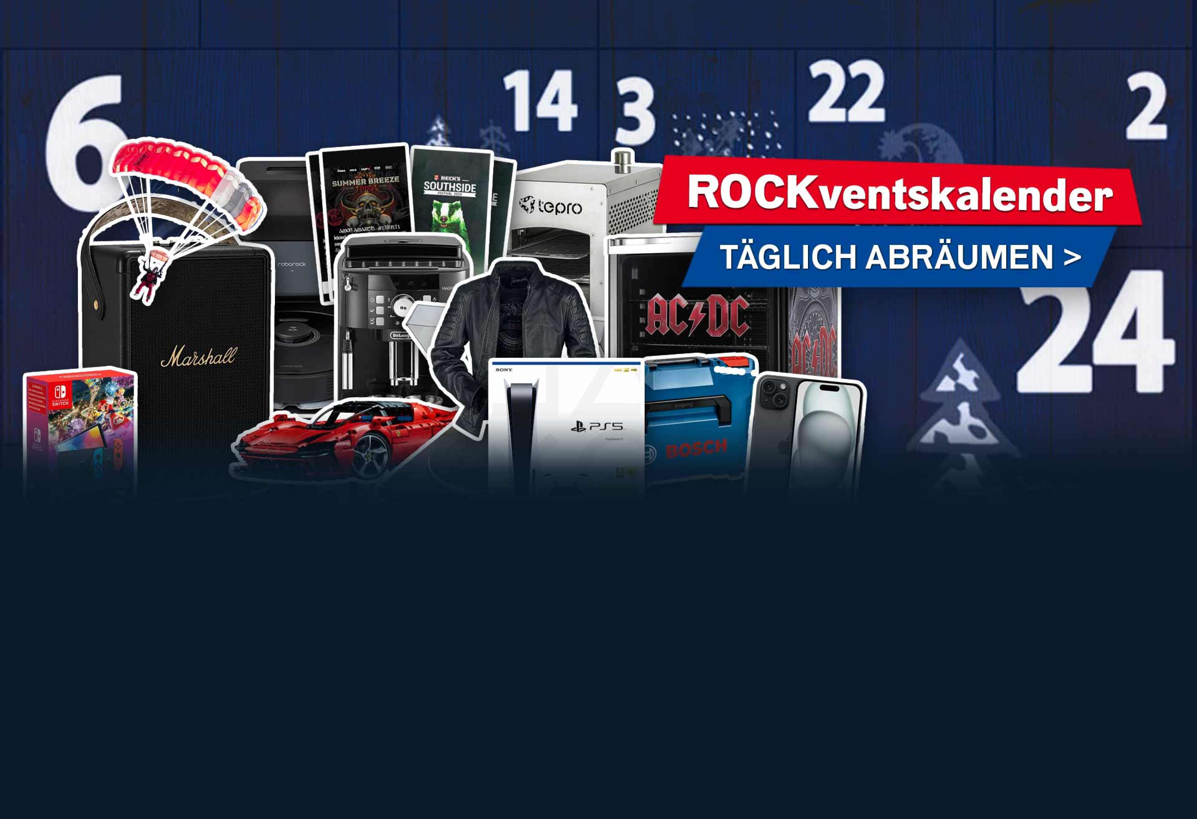 Übersichtsbild des ROCK ANTENNE ROCKventskalenders 2023 mit Preisen wie Marshall Box, AC/DC Kühlschrank, PS5, Nintendo Switch, Plattenspieler, Bosch Professional Werkzeug, LEGO Ferrari, iPhone 15 und weiteren Geschenken