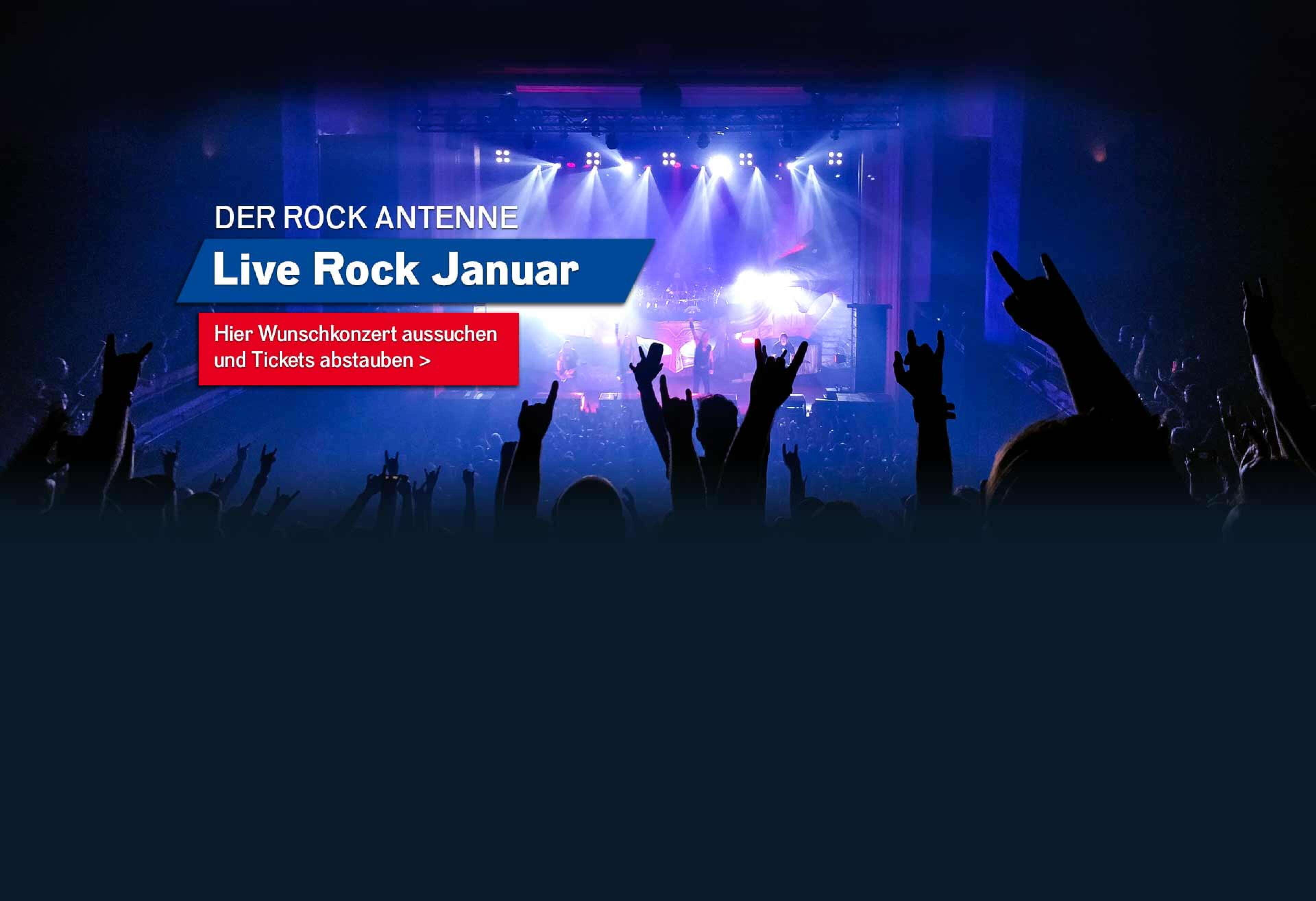 Bild eines Konzert-Publikums mit Blick auf die Bühne mit Aufschrift ROCK ANTENNE Live Rock Januar - hier Wunschkonzert aussuchen und Tickets abstauben!