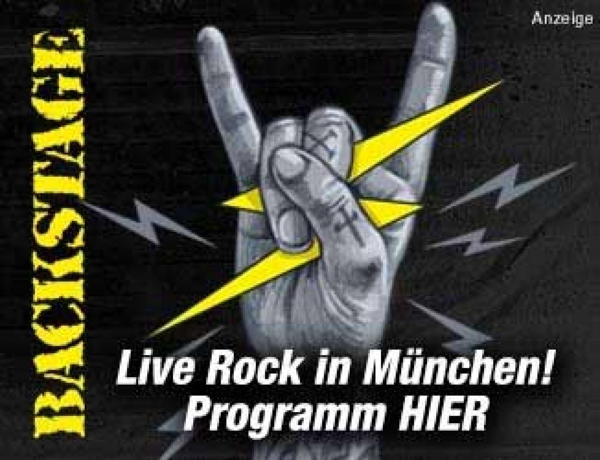 Anzeige des Backstage München - eine gezeichnete Hand, die zur Pommesgabel geformt ist, dazu der Text: Live Rock in München! Programm HIER