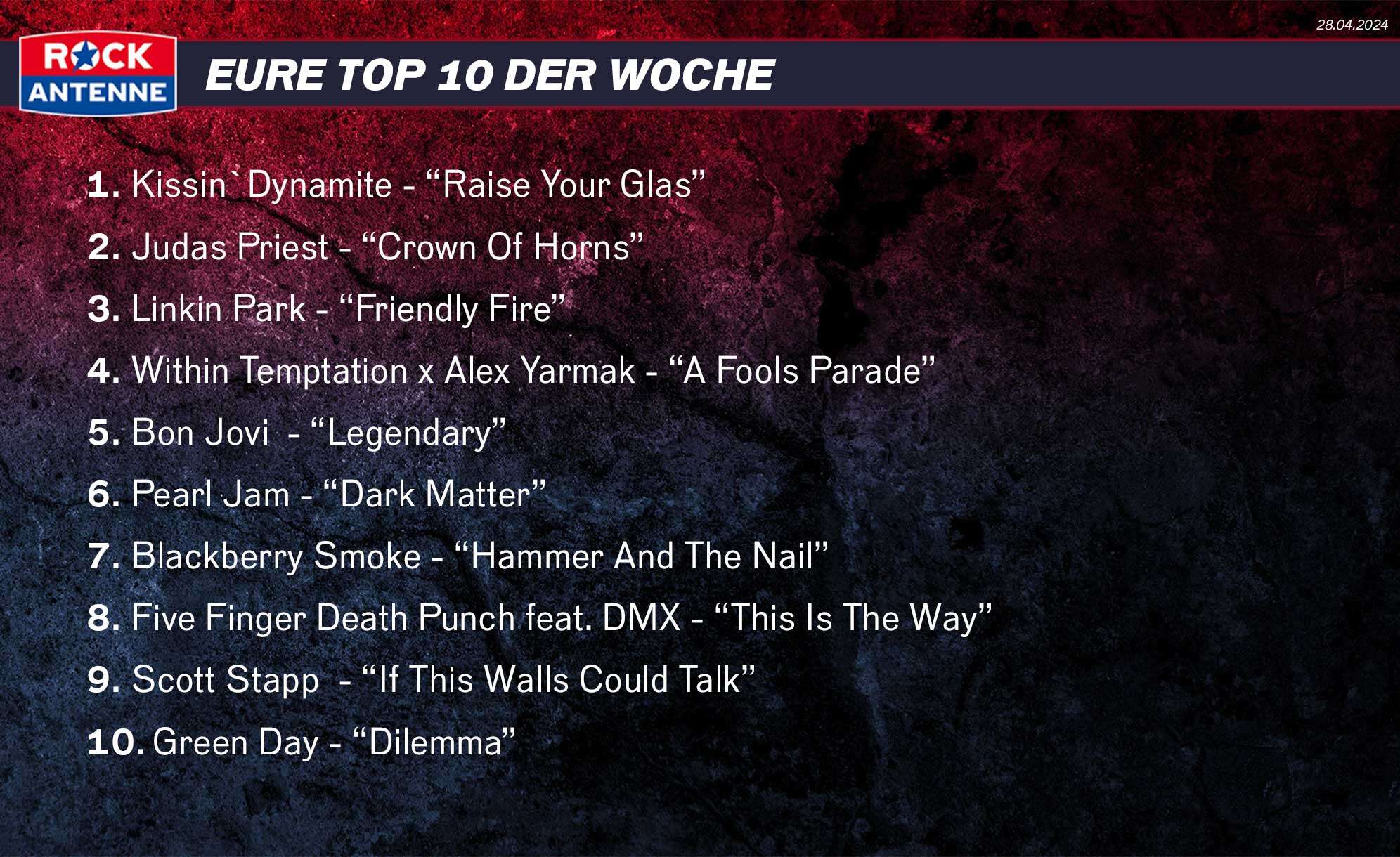 Top Ten der Woche vom 05.05.2024: 1. Kissin`Dynamite - “Raise Your Glas” 2. Judas Priest - “Crown Of Horns” 3. Linkin Park - “Friendly Fire” 4. Within Temptation x Alex Yarmak - “A Fools Parade” 5. Bon Jovi  - “Legendary” 6. Pearl Jam - “Dark Matter” 7. Blackberry Smoke - “Hammer And The Nail” 8. Five Finger Death Punch feat. DMX - “This Is The Way” 9. Scott Stapp  - “If This Walls Could Talk” 10. Green Day - “Dilemma”